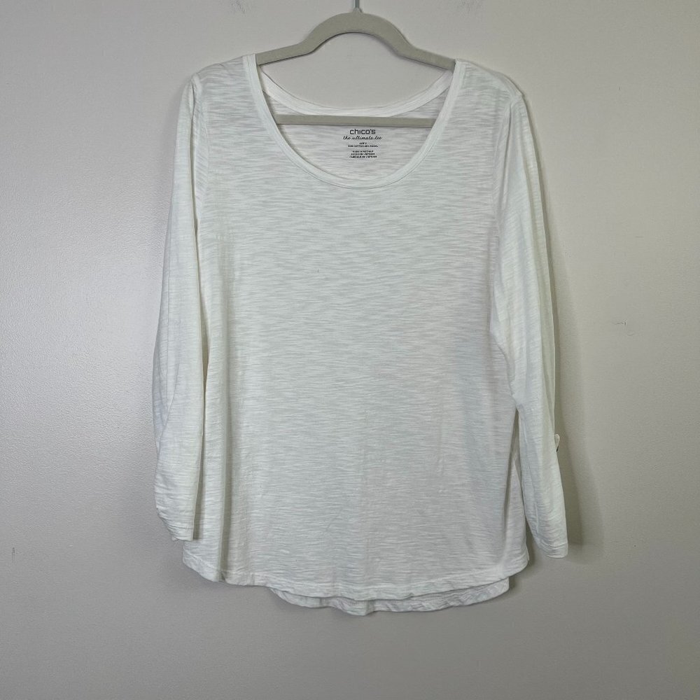Chico's Revi Roll-Tab Tee "The Ultimate Tee" White Classic 3/4‎ Sleeve T-Shirt
